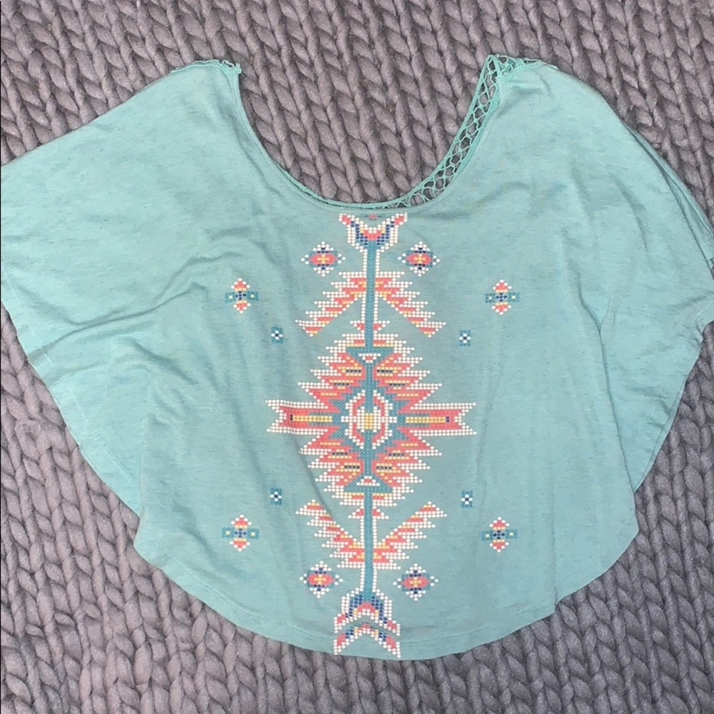 teal aztec open back shirt